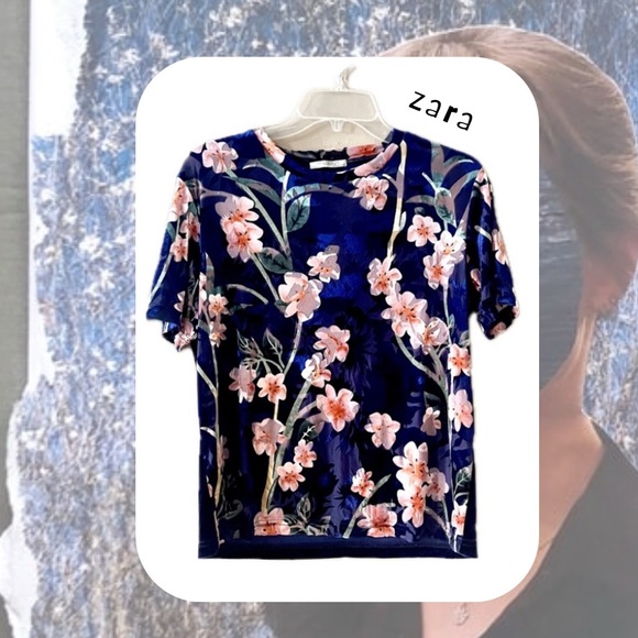 🆕 Zara • blue & pink floral print velvet short sleeve blouse top - Picture 2 of 16